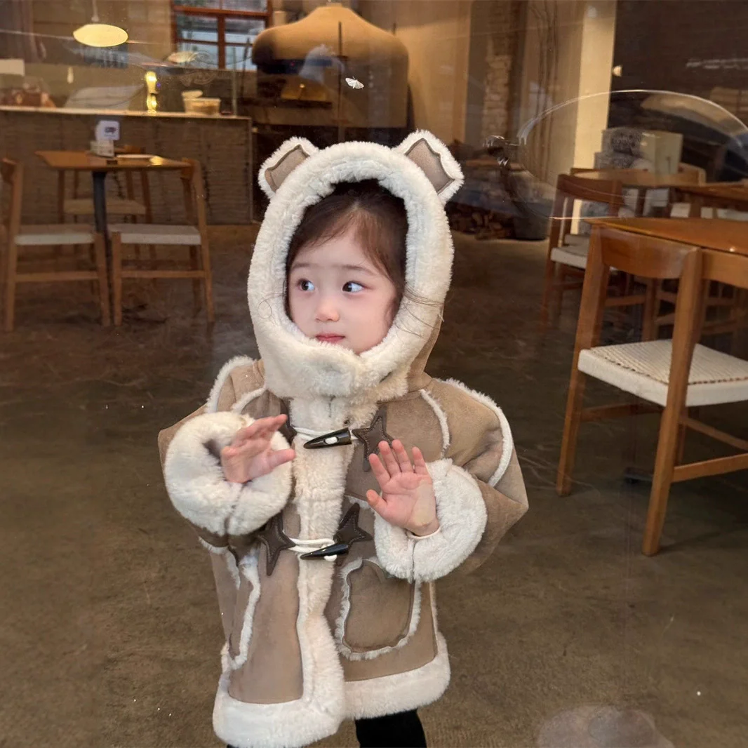 

Children Soft Coat New Year Baby Girl's Thickened Waxy Lambswool Claw Buttons Warm Winter Jacket Matching Top Long Sleeve Kids