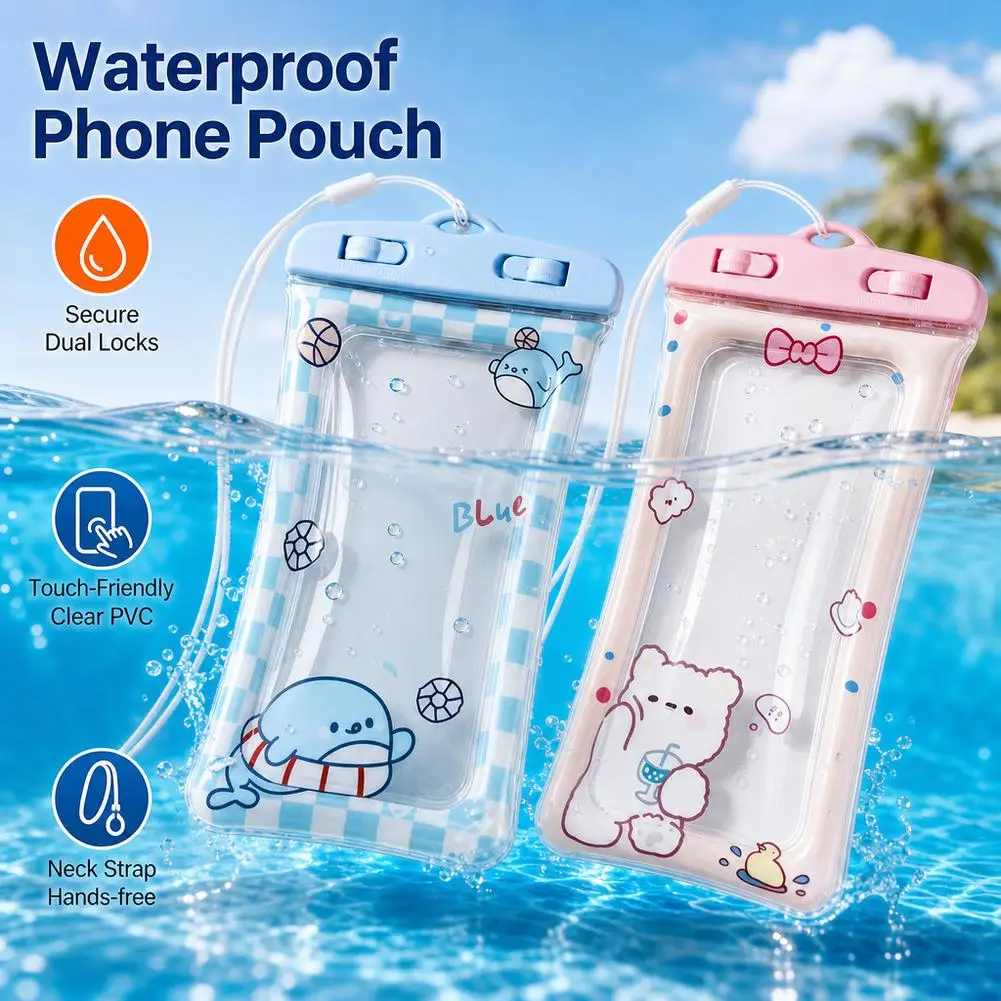 Cute Bear Waterproof Phone Case Transparent Underwater Dry Bag Touch Screen Universal Swimming Drifting Pouch