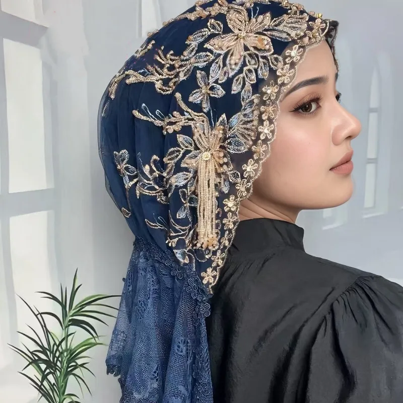 

Embroidery Bead Hijab Headscarf Muslim Women Lace Veil Prayer Hat Gorgeous Islamic Turban Bonnet Shawl Wrap Tassel Headwear