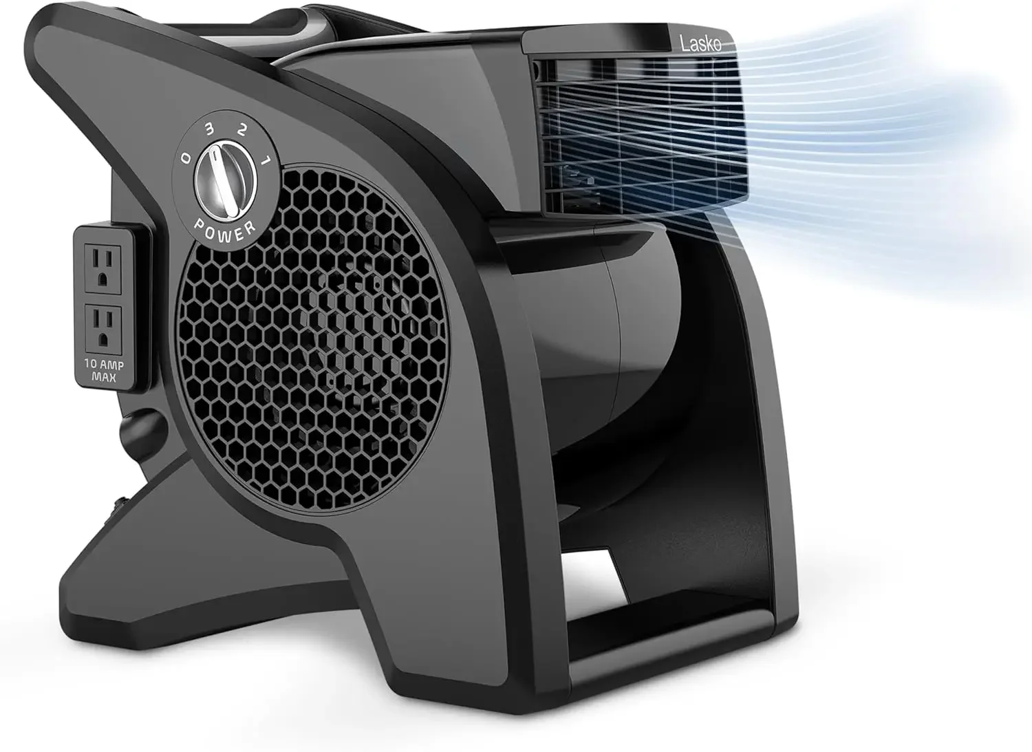 

Professional Utility Pivoting Blower Fan 15 Inch 375 Cubic Feet Per Minute Three Speeds Two Accessory Outlets 120 Volt Black