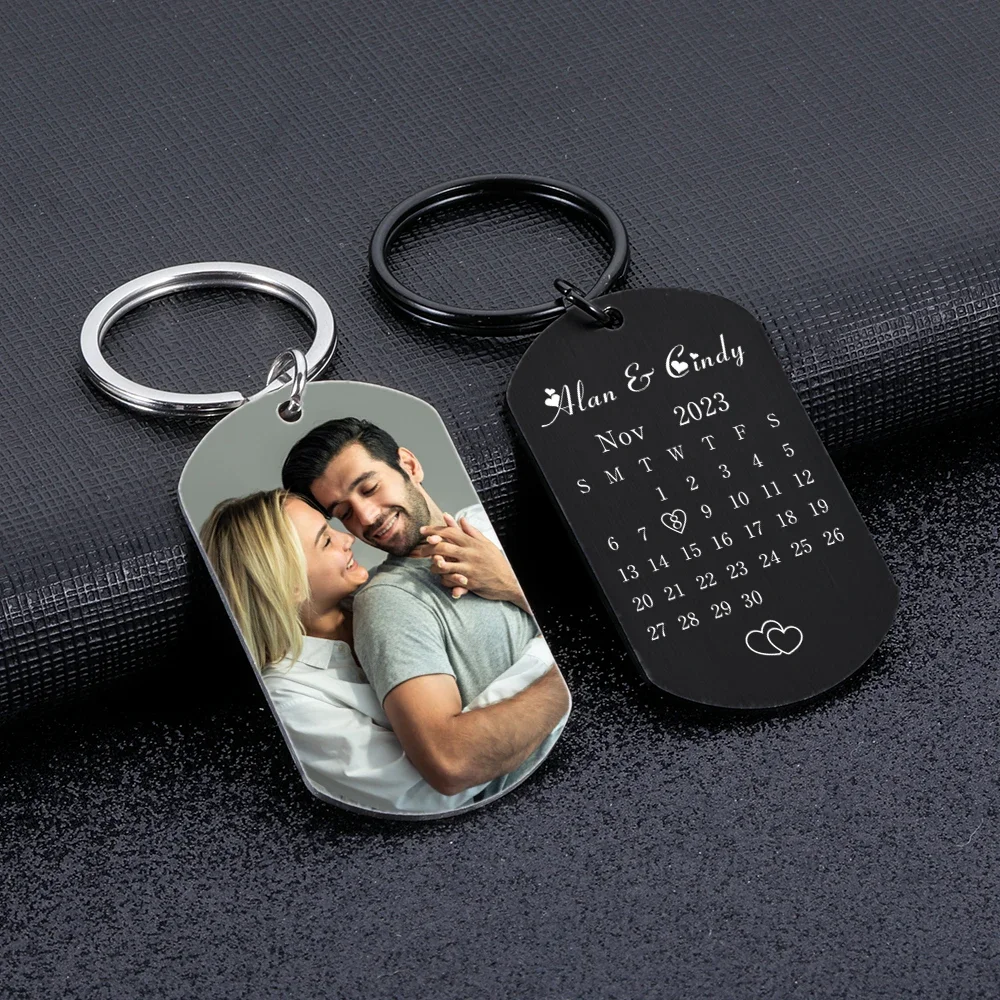 Personalised Calendar Keychain Custom Photo Name Key Chain for Couple Him Her Wedding Anniversary Gifts Special Date Keyring