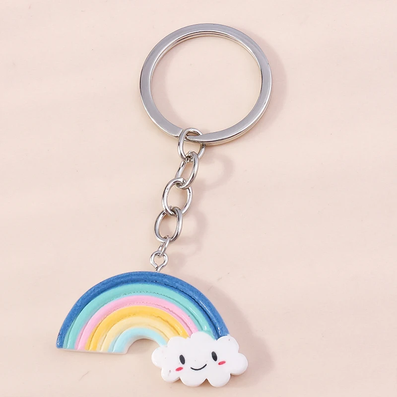 Lovely Resin Rainbow  Keychain Smile Face Cloud Key Ring Pedants for Car Keyholder Handbag Decor Charm DIY Jewelry Gifts