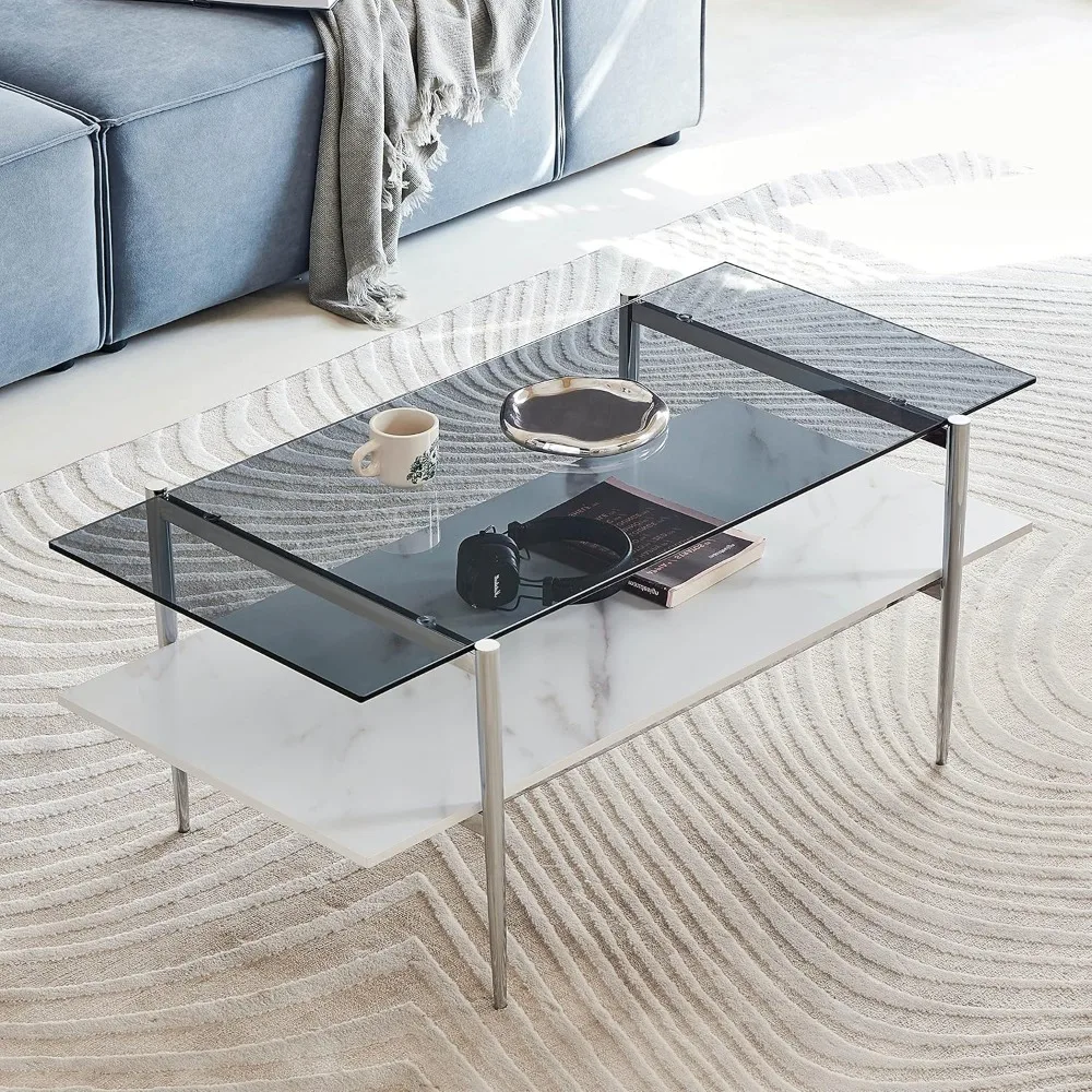 

AGV Tadio Glass Coffee Table, Mid-Century Modern Coffee Table for Living Room, Chrome Finish Frmae, Grey Glass & White Marble Wo