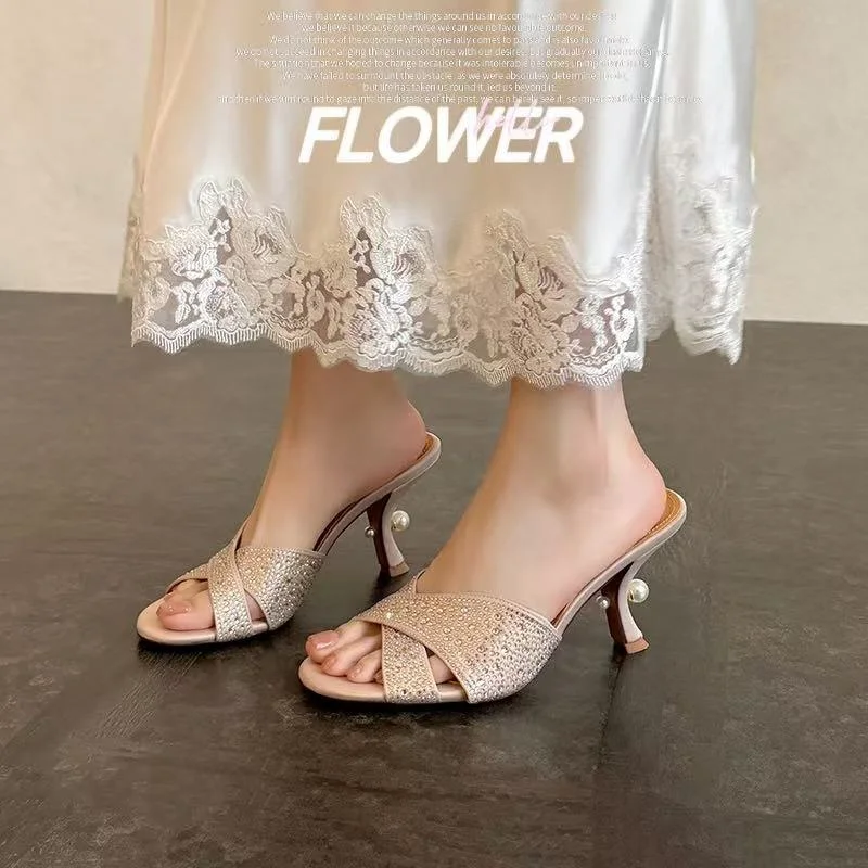 2026 summer women sandals natural leather 22-25cm rhinestone satin+sheepskin+pigskin cross-strap mules high heel women slippers