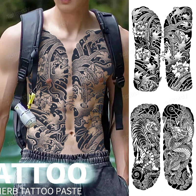 كامل الظهر الصدر العشبية عصير الحبر شبه الدائم لصاقات وشم 7-15 يوما طويلة الأمد المؤقتة وهمية الوشم الطوطم الرجال الكبار