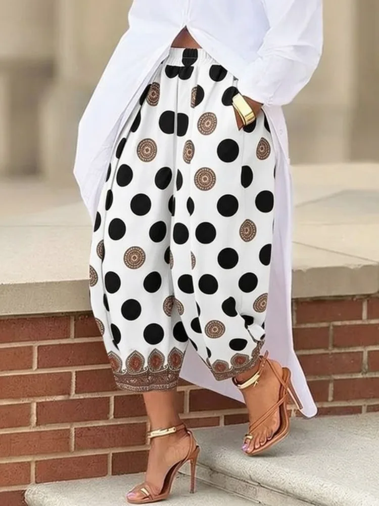 UOOZEE Women's Pleated Wide Leg Capri Pants Vintage Polka Dot Printed Ethnic Border Hem Loose High Waist Casual Cropped Trousers