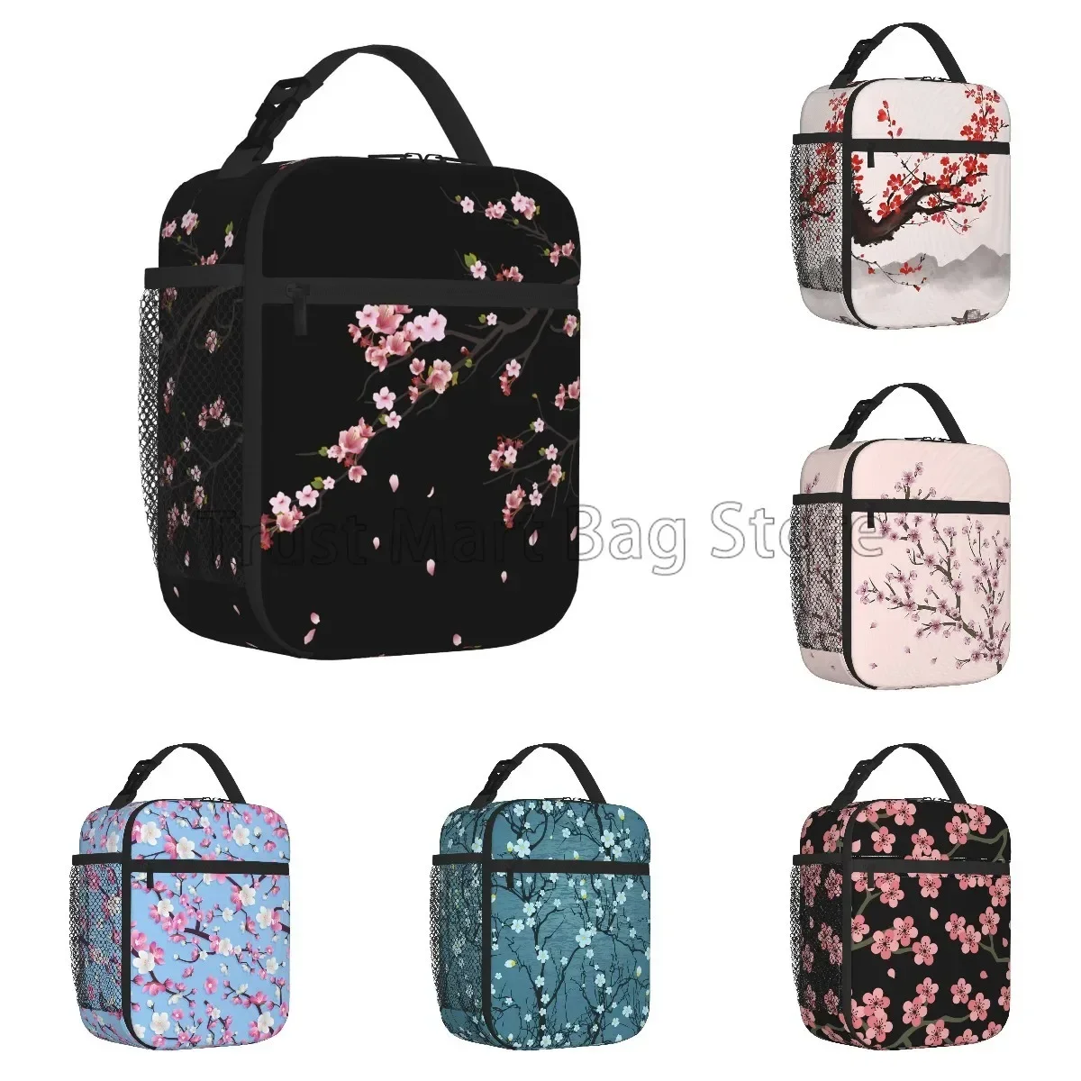 Japanese Sakura Cherry Blossoms Tree Insulated Lunch Bag Reusable Lunch Box for Work Picnic Beach Leakproof Cooler Bento Tote