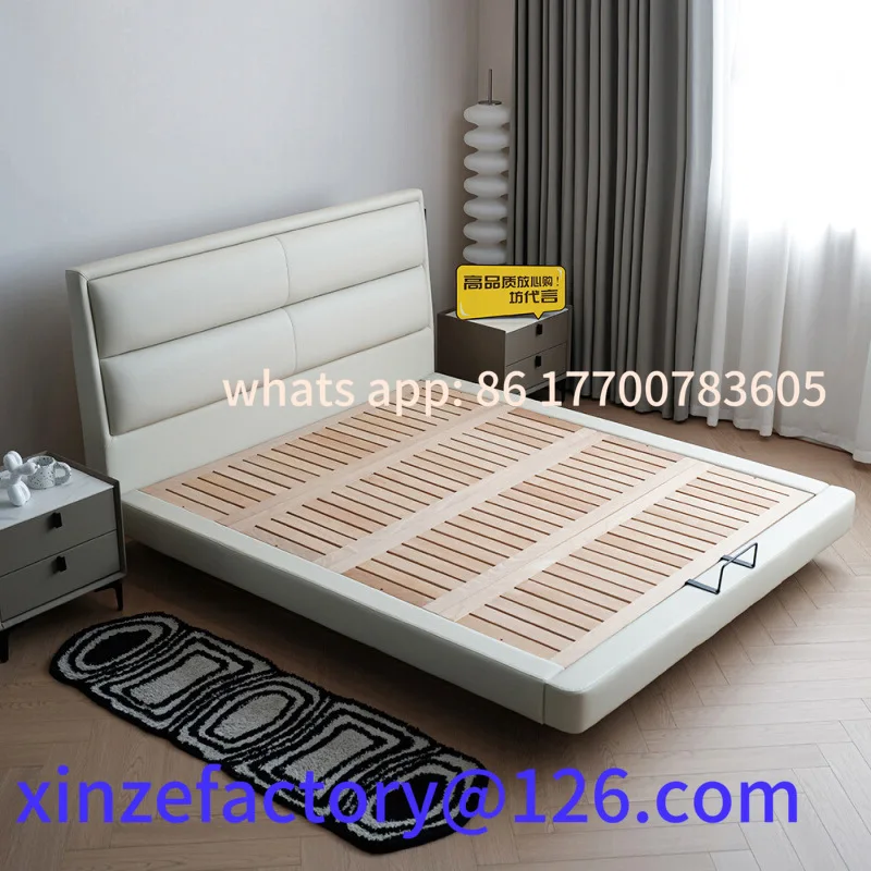 

Italian minimalist ultra-thin bedside bed first layer cowhide leather bedroom bed double