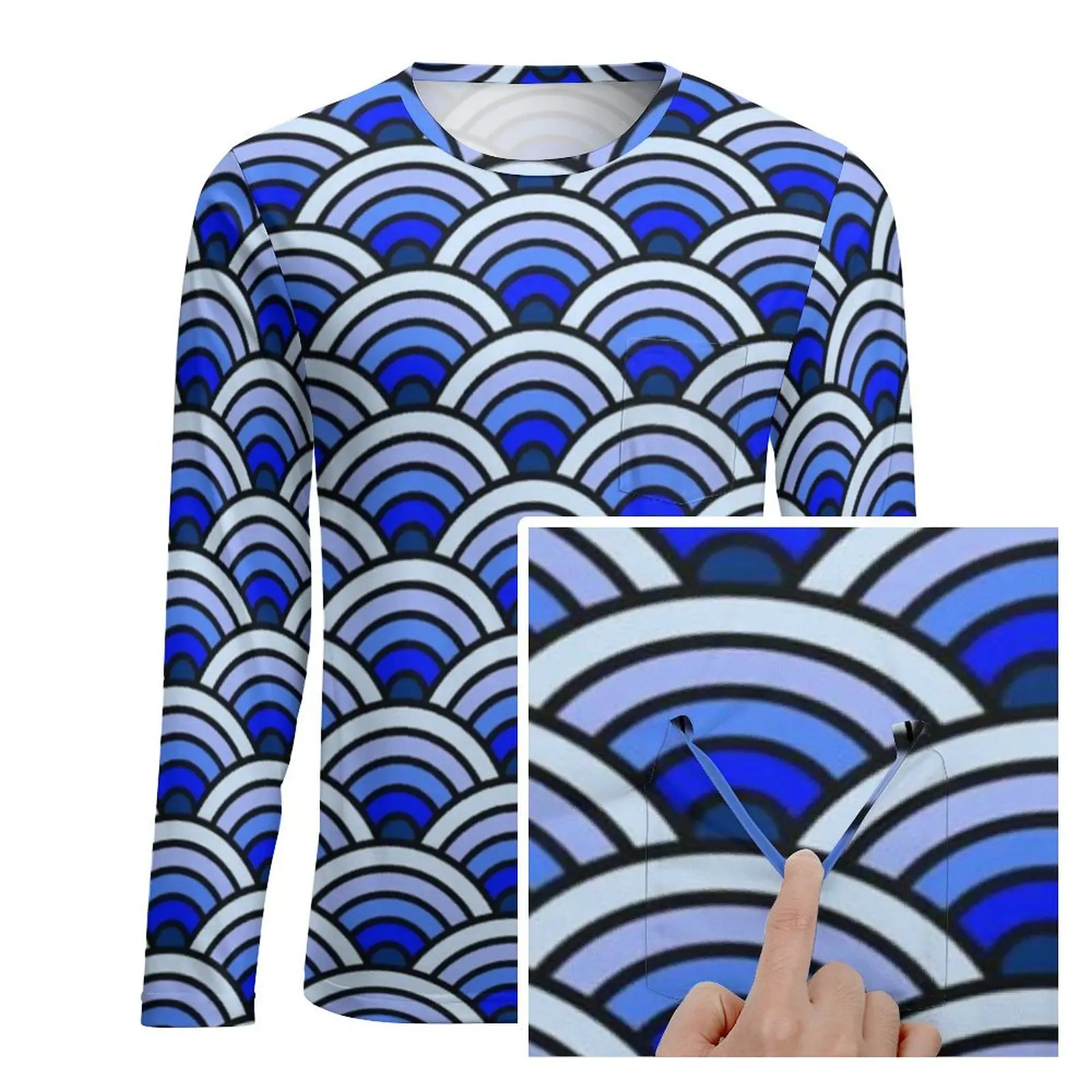 Blue Waves Seigaiha T-Shirt With Pocket Traditional Japanese Hippie T Shirts Man Tshirt Long Sleeve Pattern Clothes Big Size 5XL