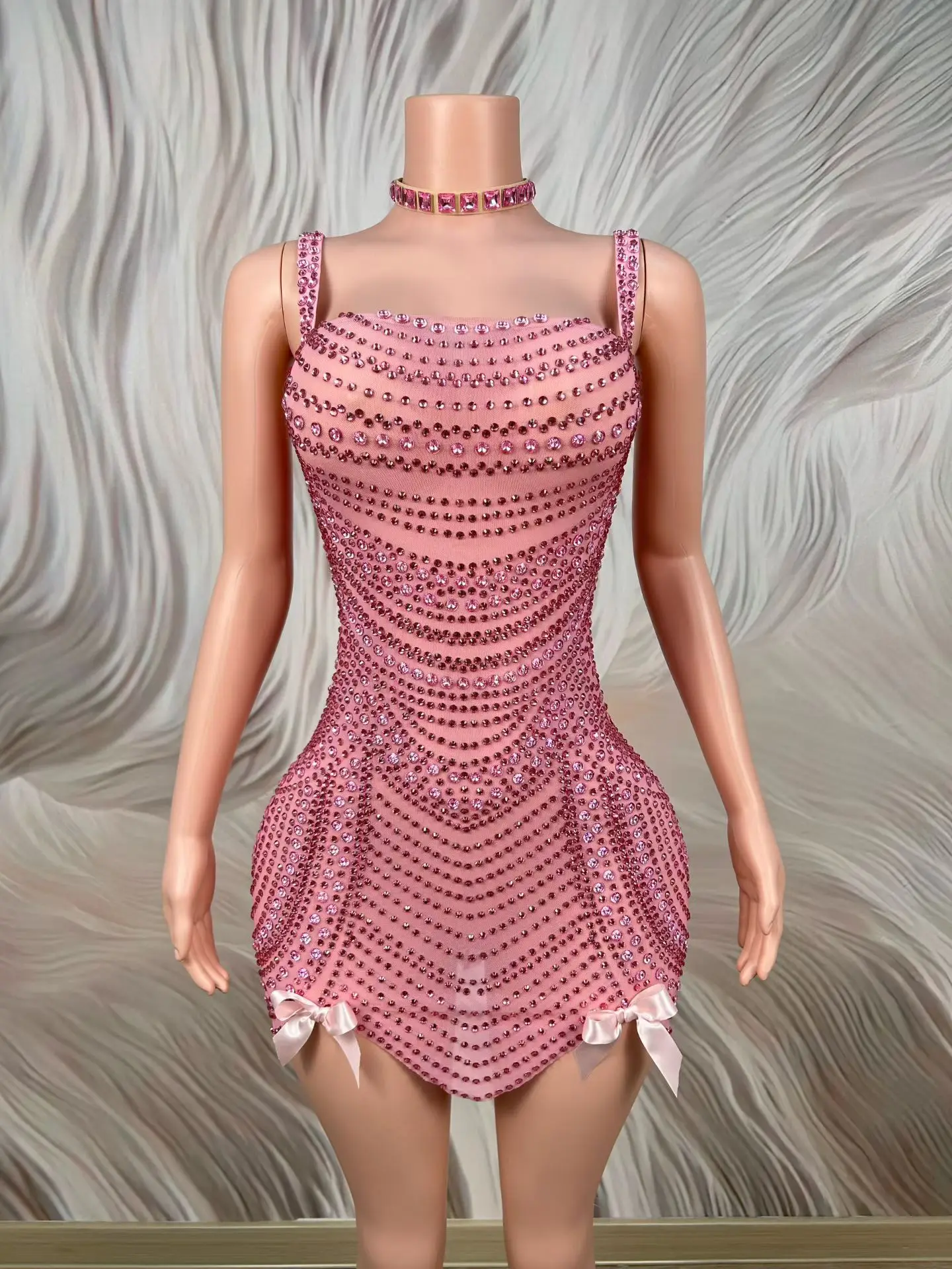 

Hudiejie Pink Mesh Rhinestone Mini Dress with Matching Choker and Bows for Nightclub Drag Queen and Birthday Parties