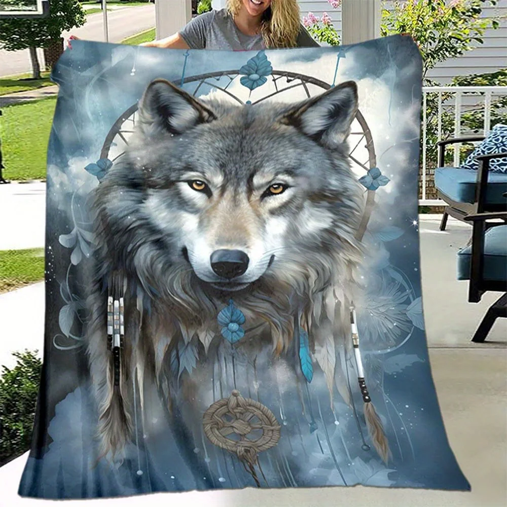 

1pc Wolf Dreamcatcher Print Flannel Blanket,Soft Cozy Throw Blanket Nap Blanket Gift For Travel Sofa Bed Home Decor,All Season