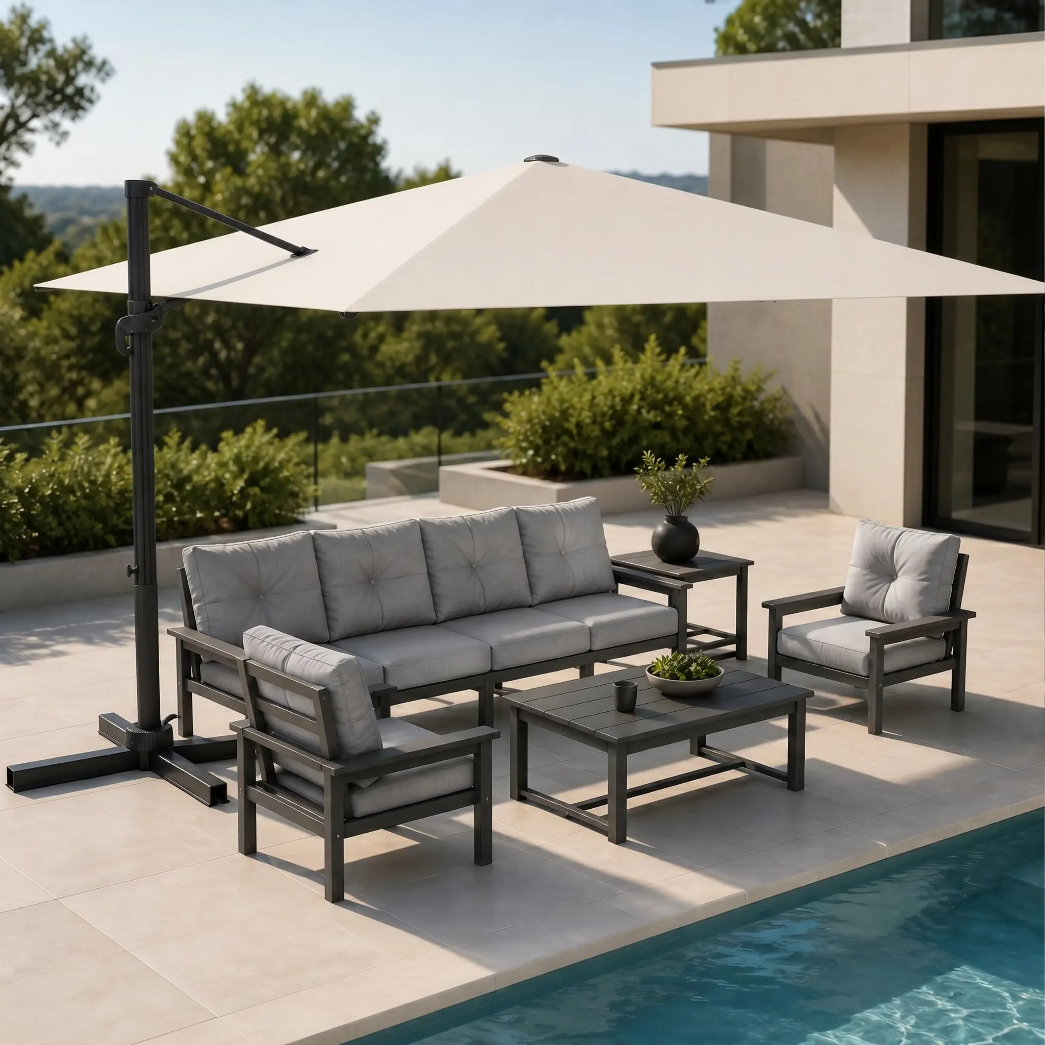 11ft Offset Cantilever Patio Umbrella with Solar Lights, Large Outdoor Umbrella with Base Included, Heavy-duty Aluminum