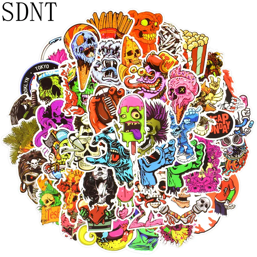 50 PCS Terror Stickers Ghost Graffiti Skeleton Cool Rock Punk JDM Sticker for Adult DIY Laptop Skateboard Guitar Fridge Car Bike