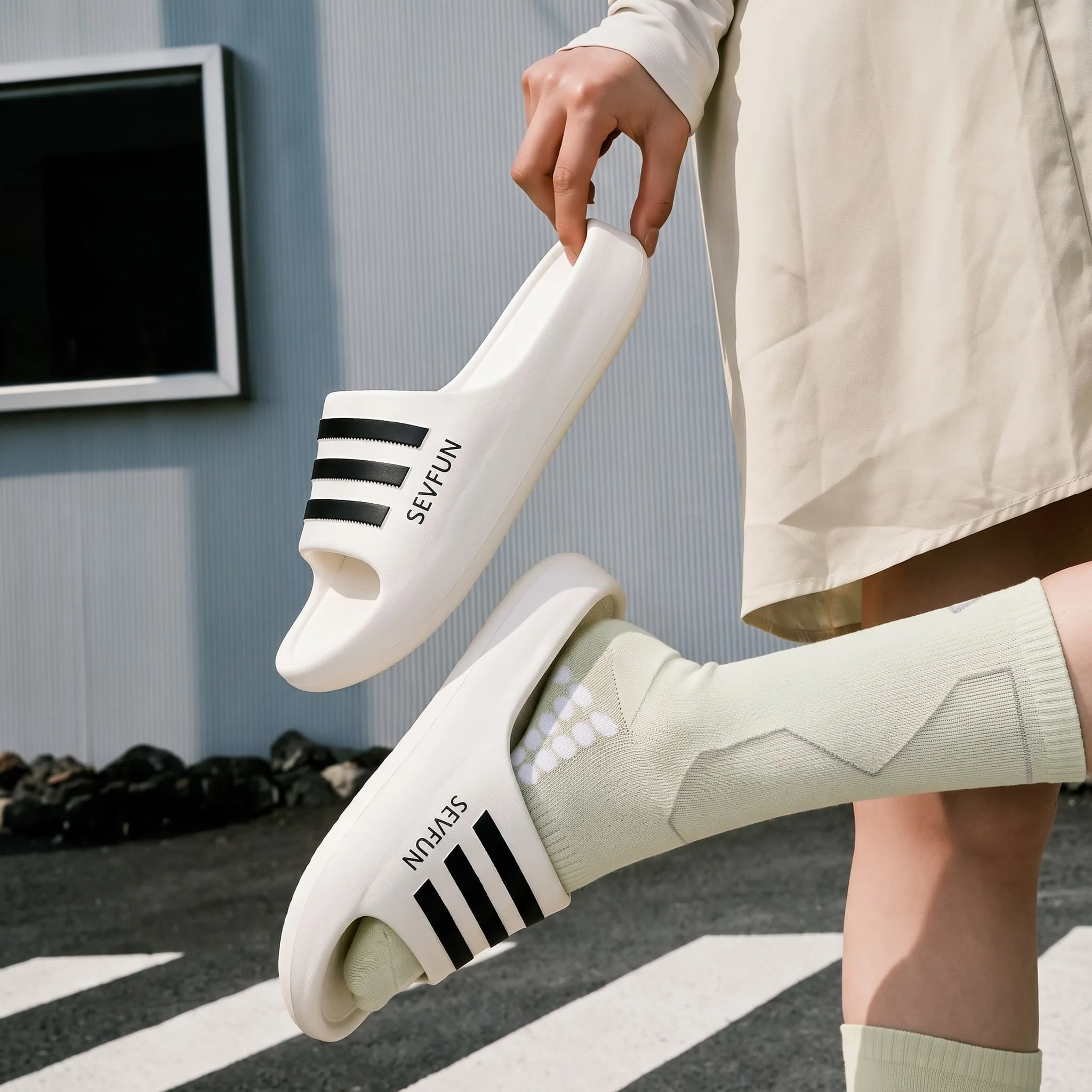 Men Striped EVA Slides Summer Non Slip Slippers Soft Cushion Open Toe Sandals Indoor Home Outdoor Beach Casual Shoes