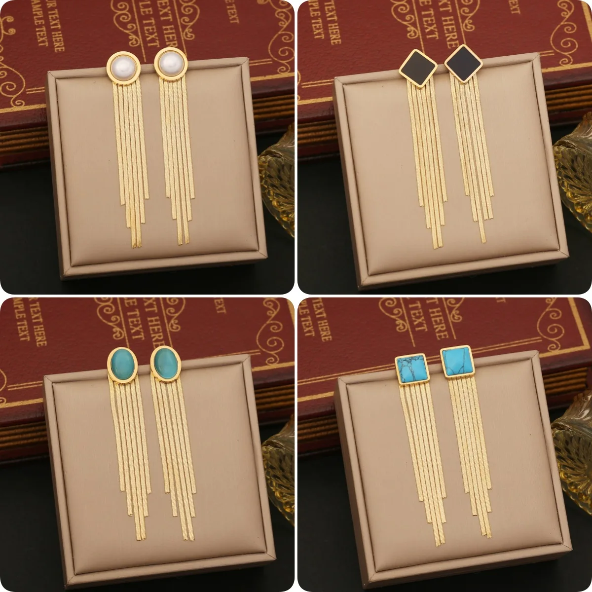 stainless steel long tassel pearl earrings for women, fashionable retro egg shaped cat eye earrings, Valentine's Day gift E558