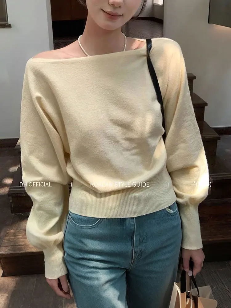 Boat Neck Long sleeve Knitwear Women Pullover Off shoulder Puff sleeve Sweater Spring Autumn Outwear Lady Casual Top