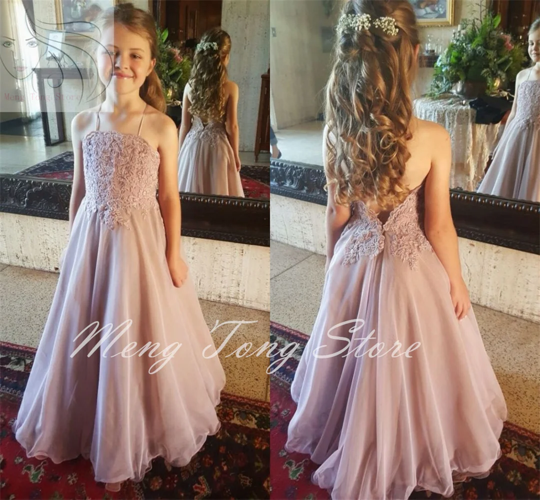 Vestidos de flores de encaje Rosa polvoriento para niñas, vestidos de desfile para niñas, vestidos de boda, Halter, Espalda descubierta, Organza, largo hasta el suelo, Formal, Pa