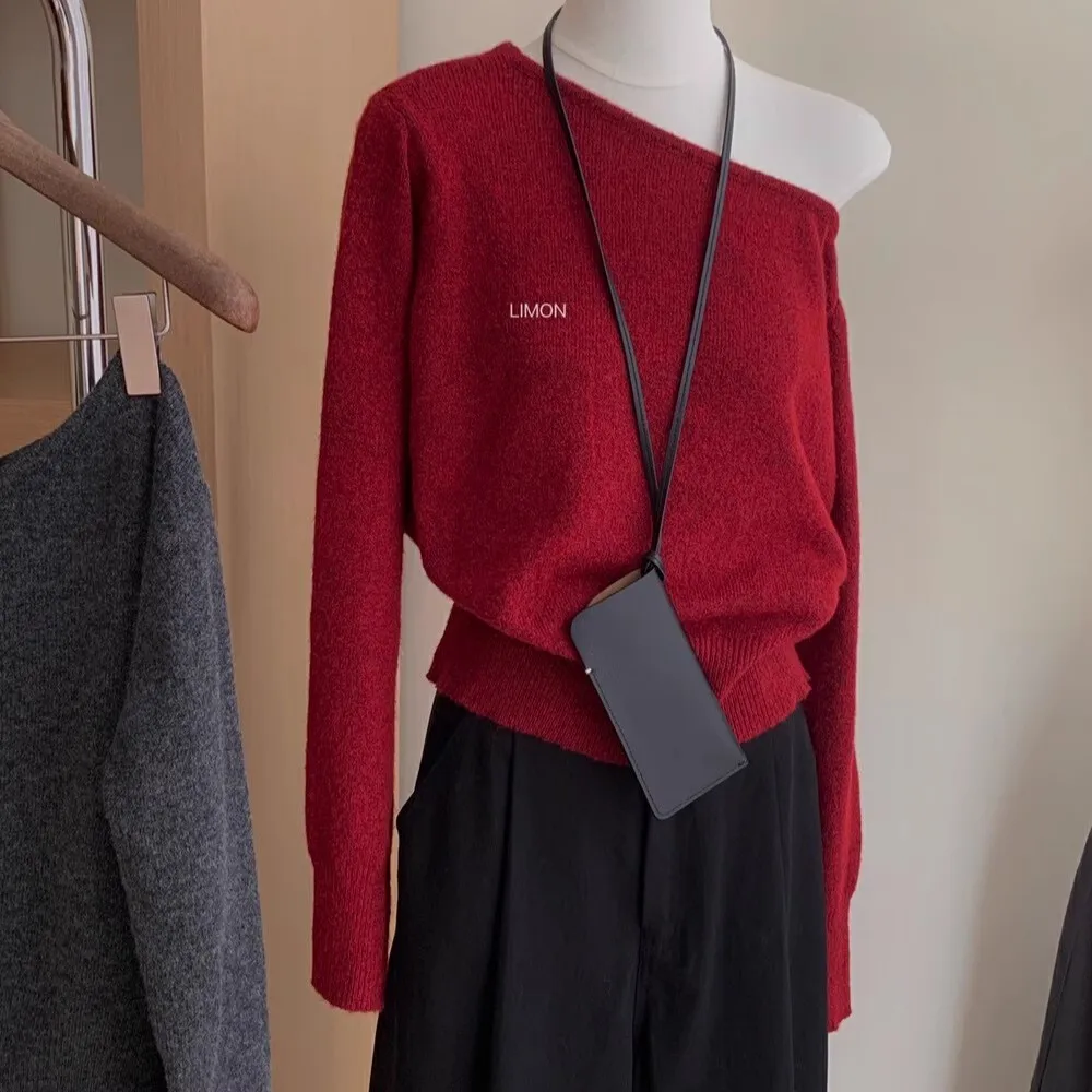 

Ankela Red Knitted Long Sve Women's Sweater oulder Slanting High End Jiaxing Pu Yong Woolen irt Hangzhou Zhejiang Puyuan