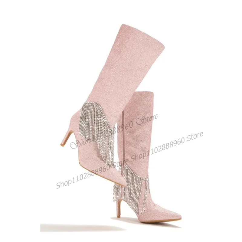 Mid Calf Pink Glitter Crystal Chain Decor Boots Stilettos High Heel Women Shoes Side Zipper Pointed Toe 2023 Zapatos Para Mujere