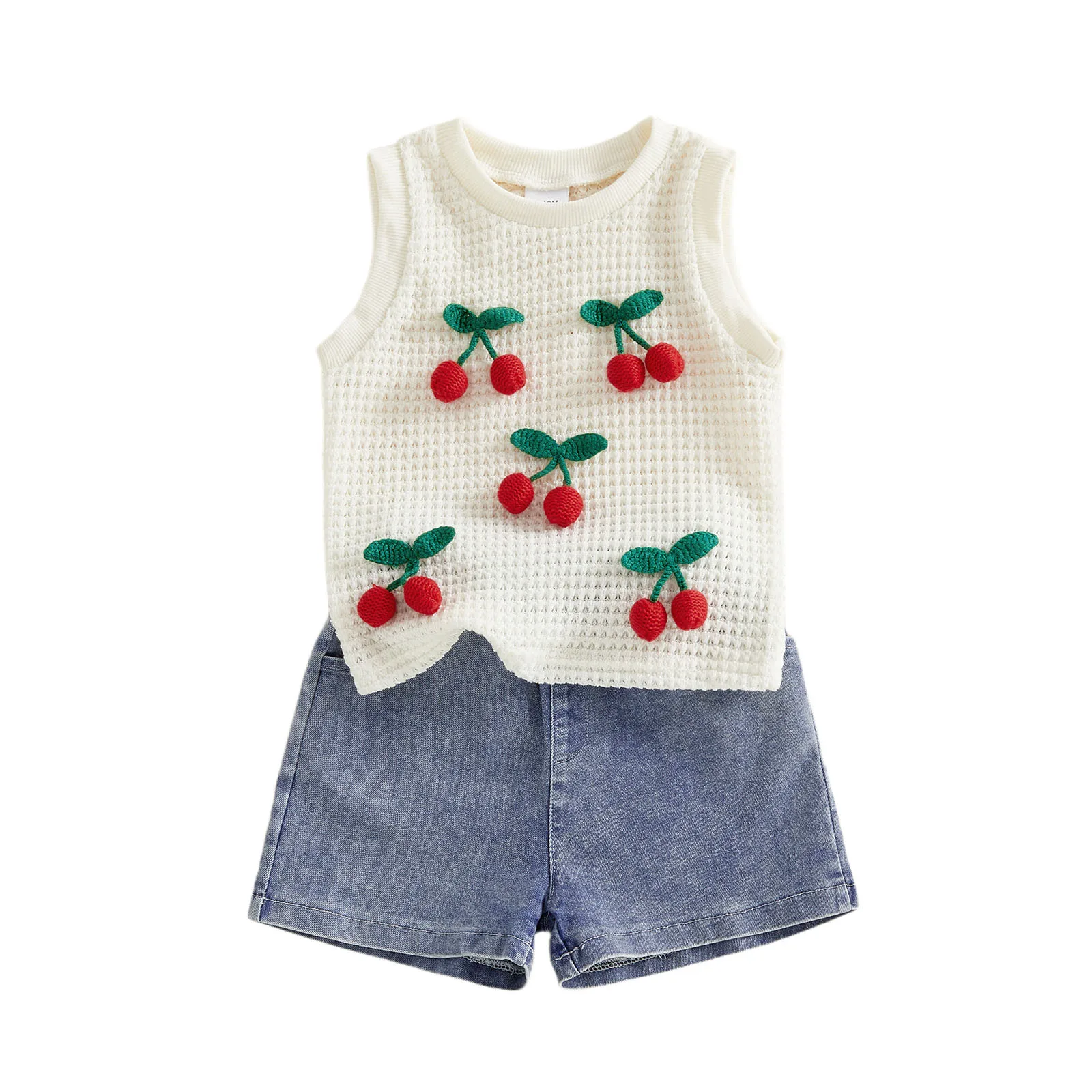 

Girls Summer 2 Piece Outfits Sleeveless O Neck 3D Cherry Decor Tops Denim Shorts Sets