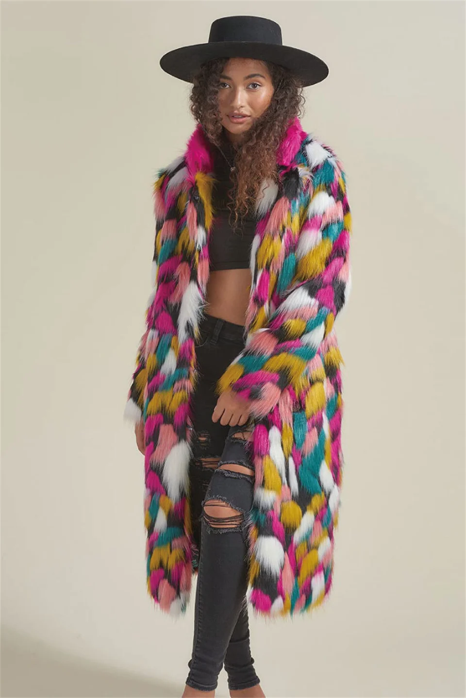 Colorful Long Jacket Women Faux Fur Coat  Winter New Long Sleeve Oversized Outerwear  Fashion Loose Thicken Warm Coats