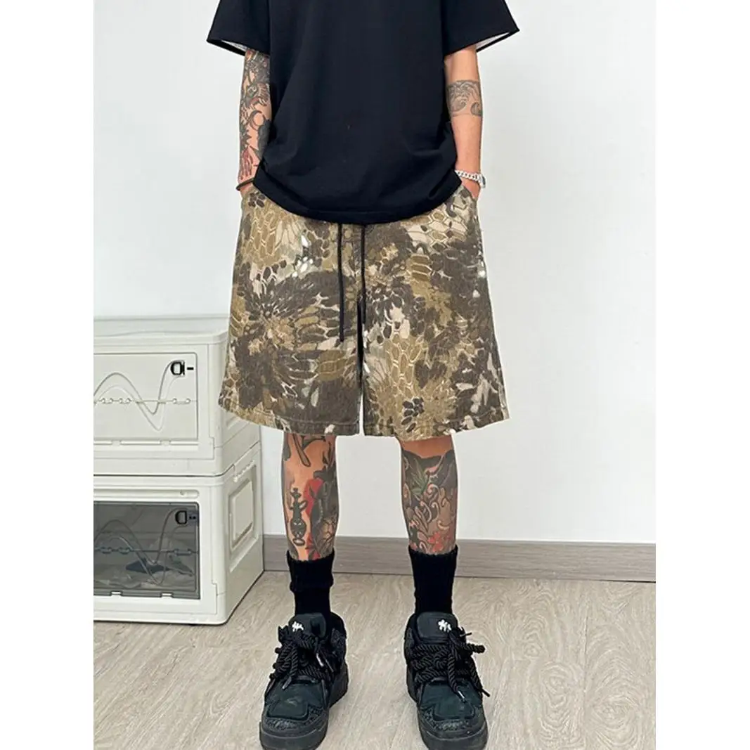 

Summer Loose Straight Basketball Shorts Drawstring Sporty Men's American Retro Camouflage Five-Point Jeans Casual Youth Style