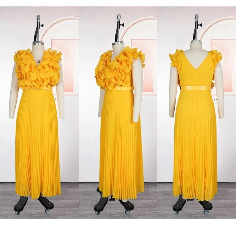 

V Neck Sleeveless Dress with 3D Flowers Plus Size High Waist A Line Pleated Maxi Dress African Print Formal Gown for Women 2025