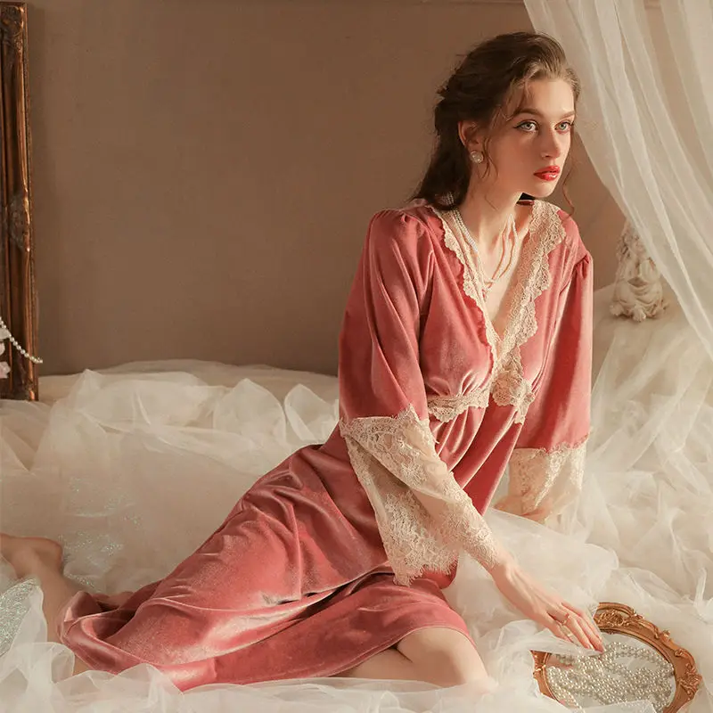 Gold Velvet Nightdress Women Spring Autumn 2024 New Temperament Feminine Long Dress Sexy Nightgowns Sleepwear Pijama Nightwear