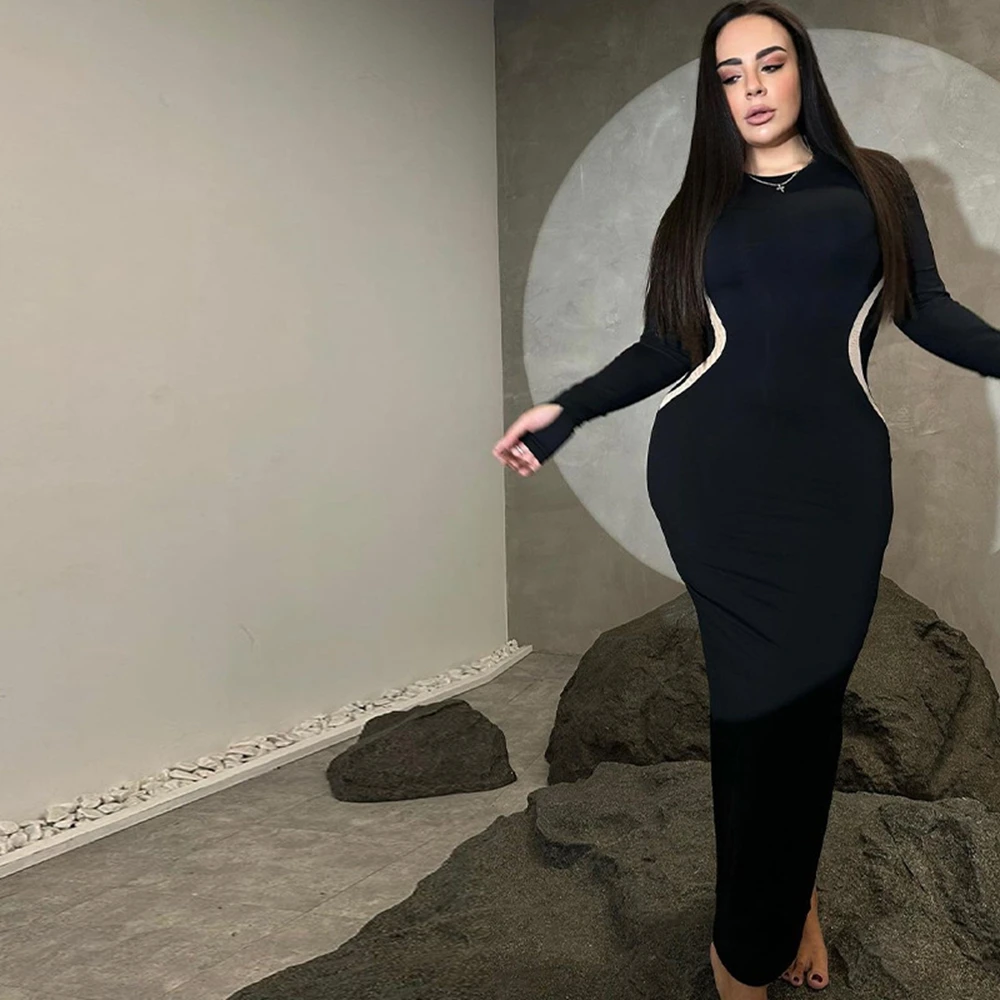 2024 Autumn And Winter New Product Fashion Color blocked Slimming Round Neck Long Sleeve Finger Wrap Hip Dress