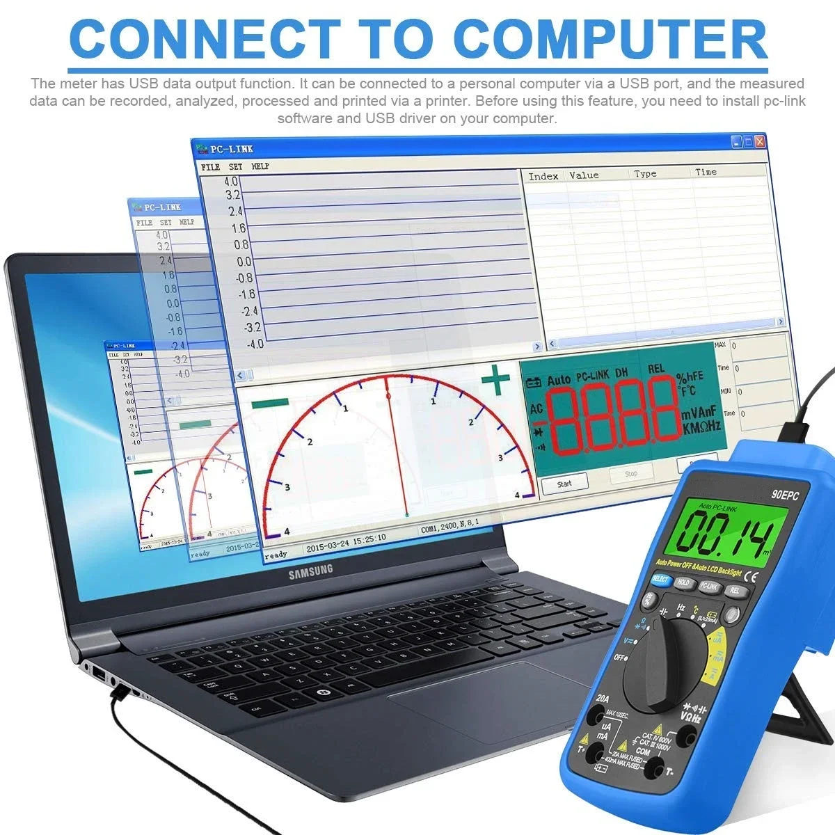 HoldPeak HP-90EPC TRMS 4000 Counts Auto Ranging Multimeter for PC Multi Tester with USB Port Measure Current AC/DC