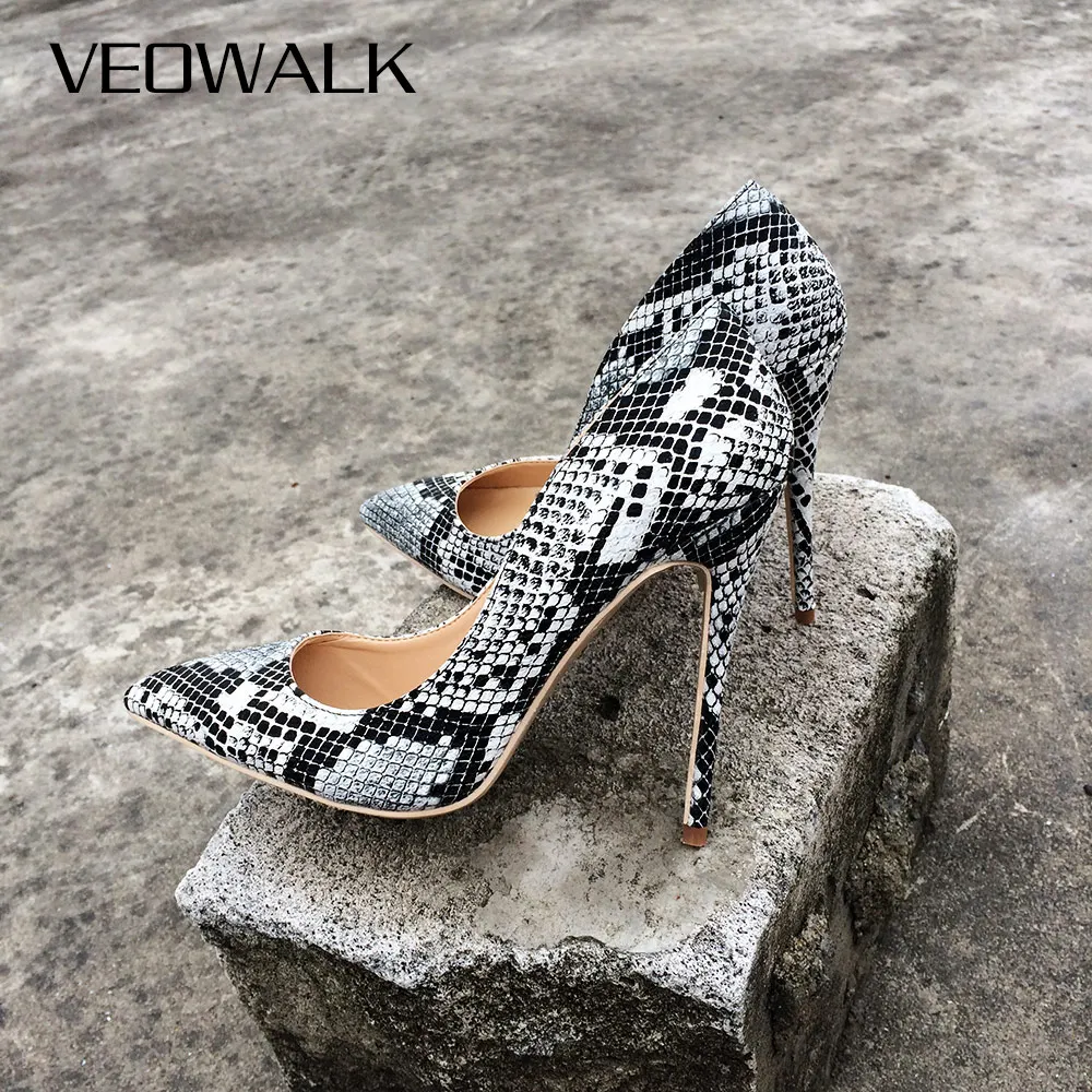 

Veowalk Sexy Black White Snakeskin Pointed Toe Stiletto Heels 12cm High Heel Slip-on Pumps Elegant Party Evening Clubwear Shoes