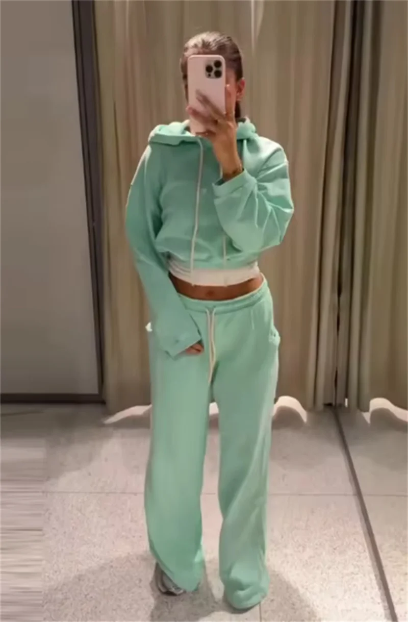 Guobioziy 2026 Autumn New Women's Set Green Long-Sleeve Pullover Hoodie Short Sweatshirt Top and Pants Set Casual Fashion Unique