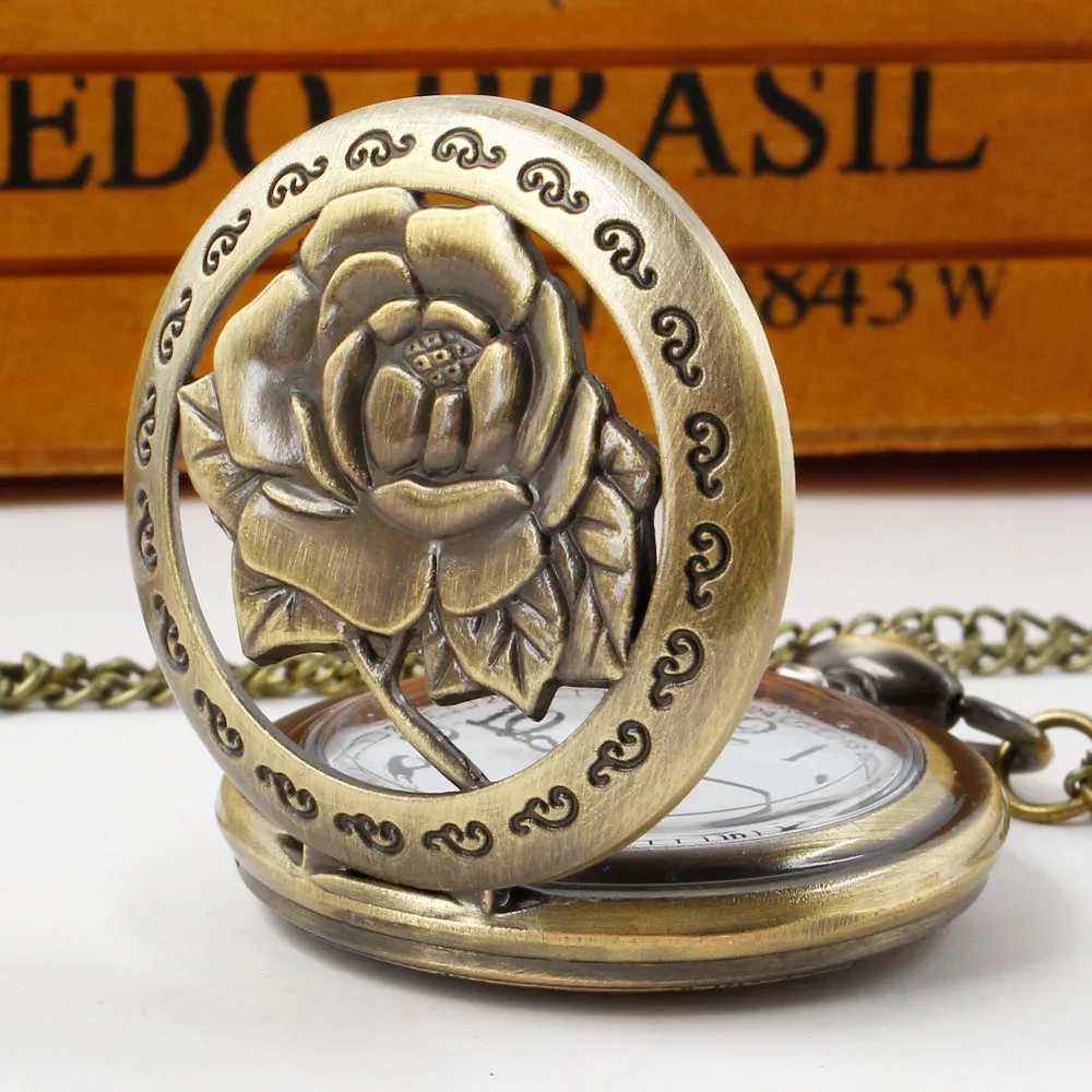 Bronze Retro Hollow Rose Flowers Design Quartz Antique Pocket Watch Necklace Watch Old Fashioned Pendant Clock