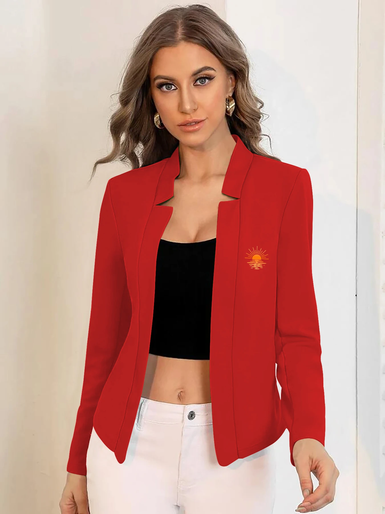 Vacation Casual Style Sunset Sea Sun Print Stand-Collar Cardigan for Women, Slim Fit, Elegant and Stylish, Casual Fashion, Versatile for Commuting, Short Cardigan Jacket for Women, Daily Outing Outfit, Women's Clothing