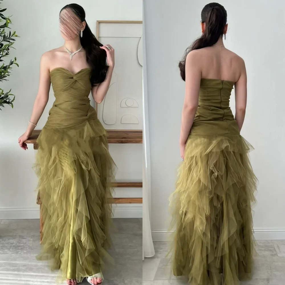 

Customized Classic Matching Tulle Ruched Pleat A-line Strapless Long Dresses Bespoke Occasion Dresses Sizes Available Fashion