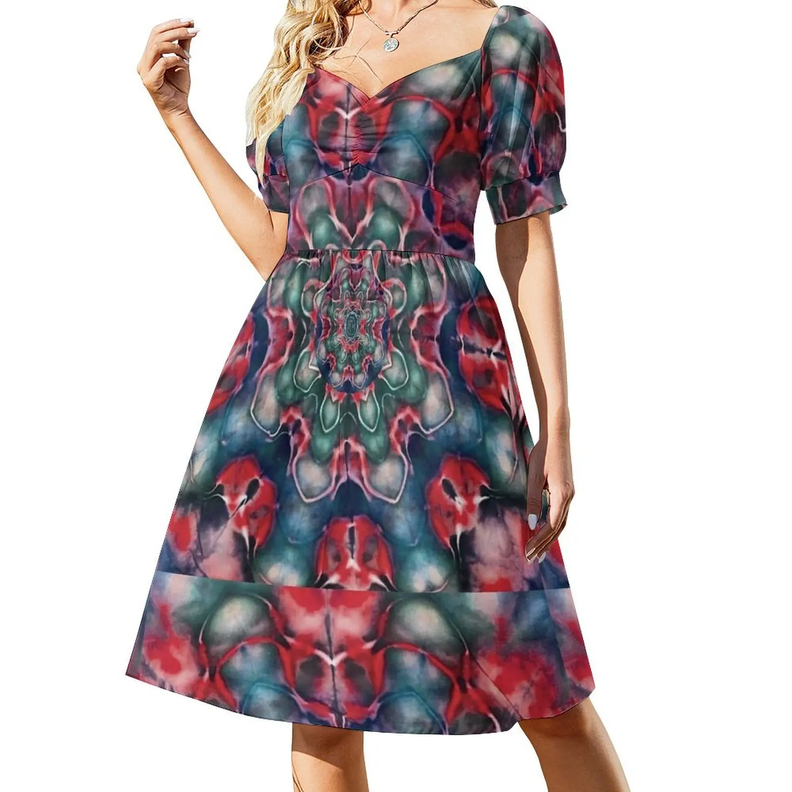 

Tie Dye Red and Indigo Deadhead Trippy mandala Short-Sleeved Dress summer dresses Casual dresses Female dress