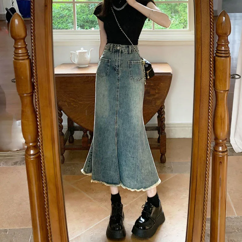 

Vintage Blue Skirt Women Spring New High Waist Slimming Distressed Frayed Mid-Length Skirt