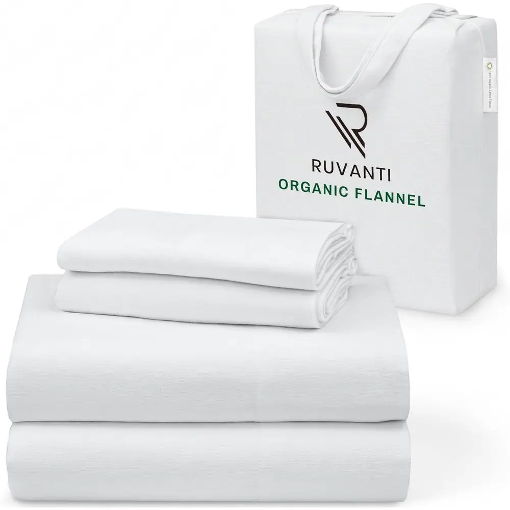 

Queen Size Organic Cotton Sheets - 4-Piece Set, Warm & Breathable, Deep Pocket, Double Brushed, All Season Bedding, White