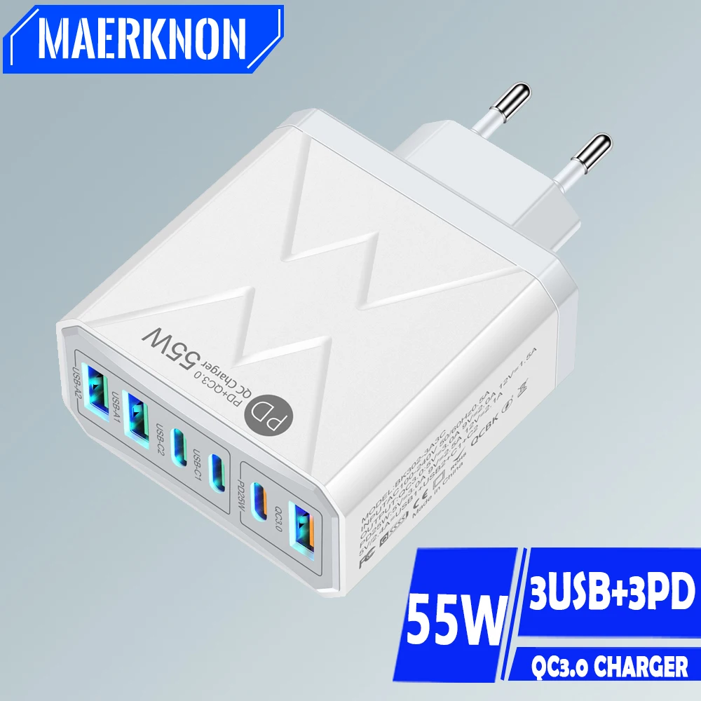 Cargador de teléfono de 6 puertos múltiples KR coreano USB PD 55W, carga rápida QC3.0 tipo C, adaptador de pared de alta velocidad para Xiaomi