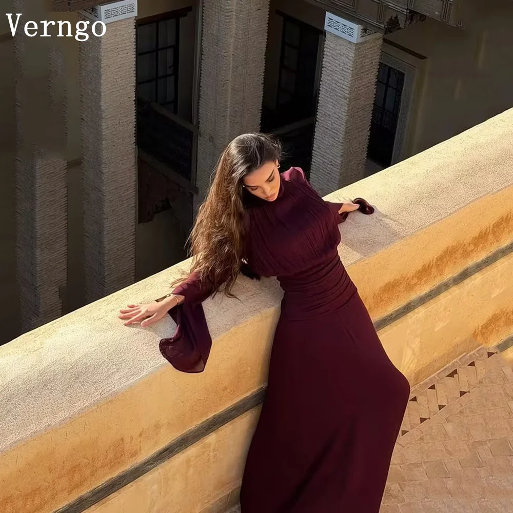 

Verngo Modest Burgundy Chiffon Evening Dress Maxi High Neck Ruched Formal Evening Gown Flare Sleeves Party Dress Customized