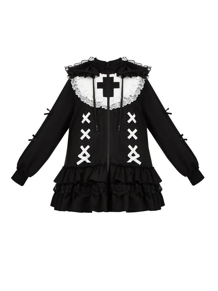 Laminated Ruffle Edge Splicing Black Sweatshirs Women Original Design Sweet Cool Sweatshirt Jacket Removable Hat Lolita Coat