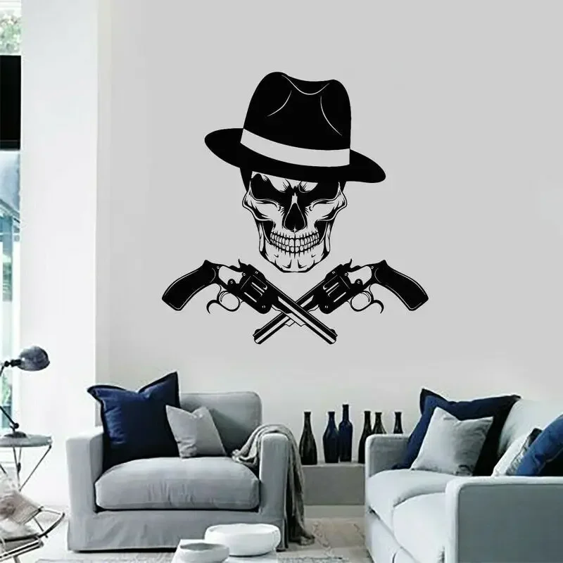 Death Skull Head Gangster Guns Hat Mafia Wall Stickers Vinyl Home Decor Interior Design Room Wall Decals Removable Mural A951