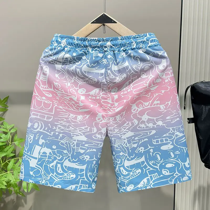 Trend Versatile Summer Men\'s Elastic Waist Drawstring Printing Pocket High Street Casual Loose Straight Knee Length Beach Pants