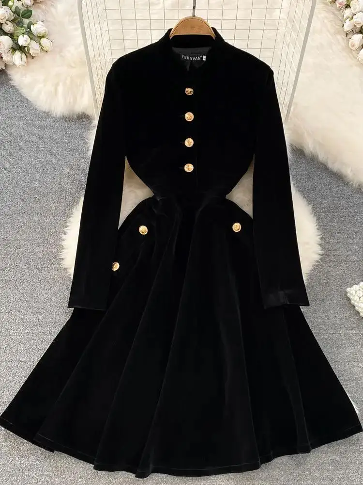 

Elegant Black Velvet Dress Autumn Winter Thick Clothing Women Vintage Long Sleeves Metal Single Breasted Pocket Ladies Vestidos
