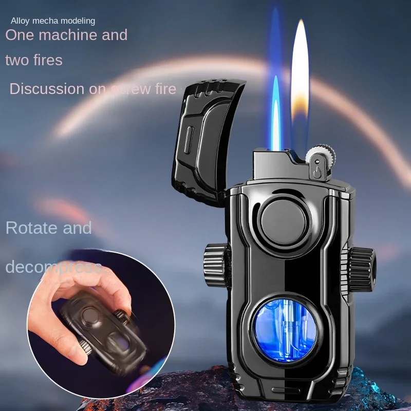 New Decompression Gyro Windproof Double Direct Charge Luminescent Perspective Large Capacity Air Chamber Inflatable Lighter