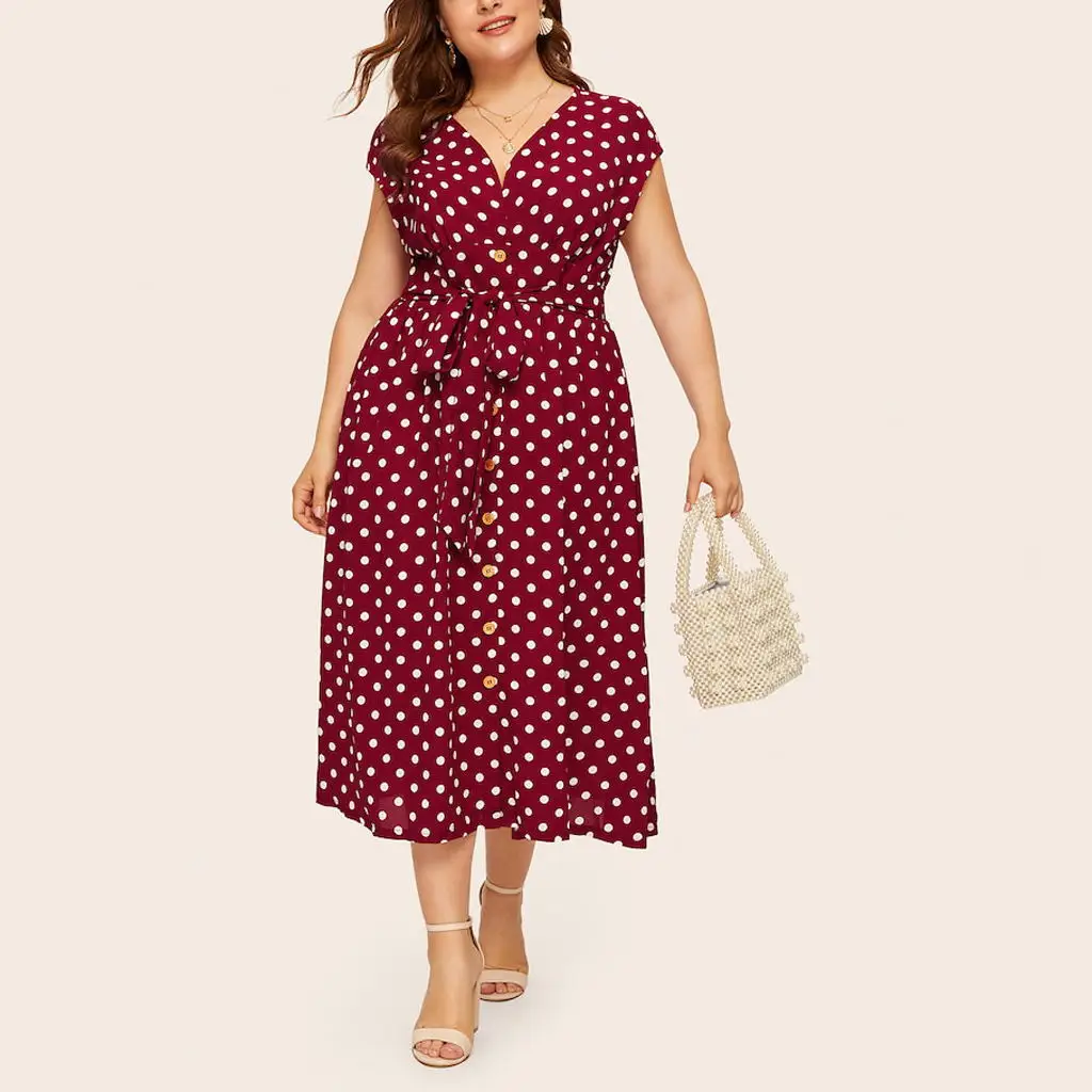 eDressU 2022 Spring Summer Women Plus Size Vintage Polka Dot Dress Mid-Calf V Neck Buttons Belt Casual Daily Wear KYM-801