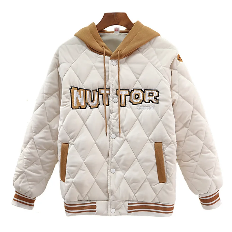 Letter Embroidery Hooded Clip Dia Grid Baseball Winter Thick Warm Cotton Casual Women's Jacket