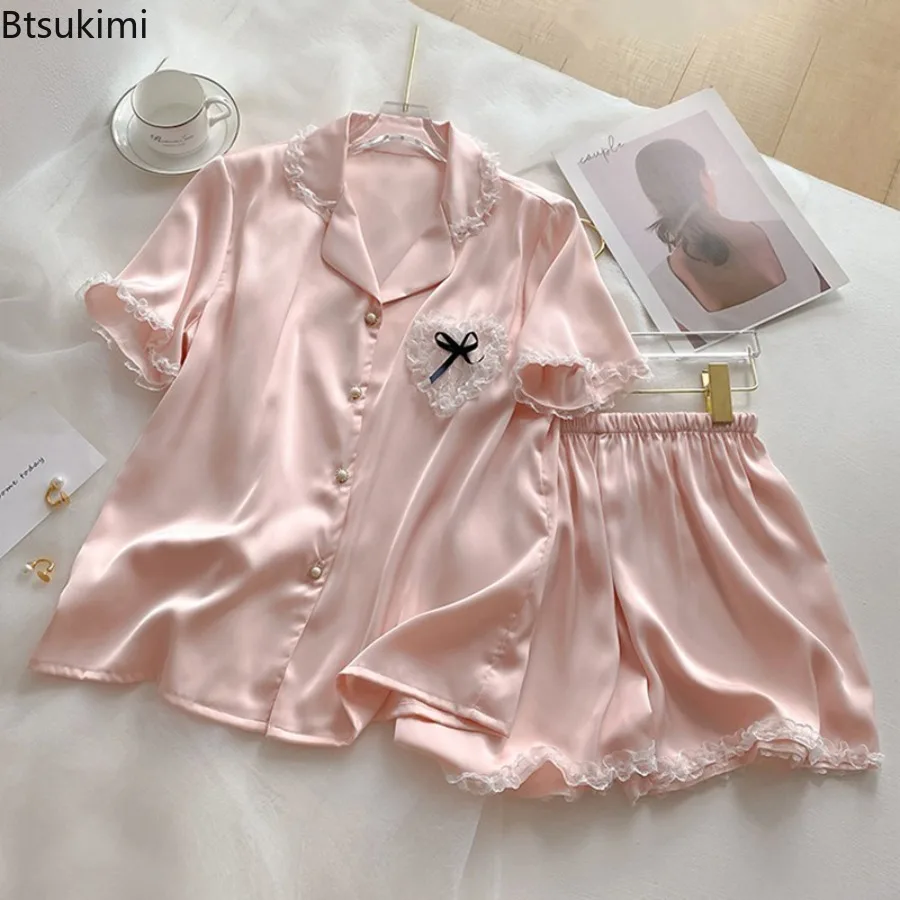2026 Women Sexy Nightwear Sweet Korean Pink Short-Sleeved Shorts Sleepwear Homewear Set Cardigan Lapel Lace Edge Ladies Pajamas