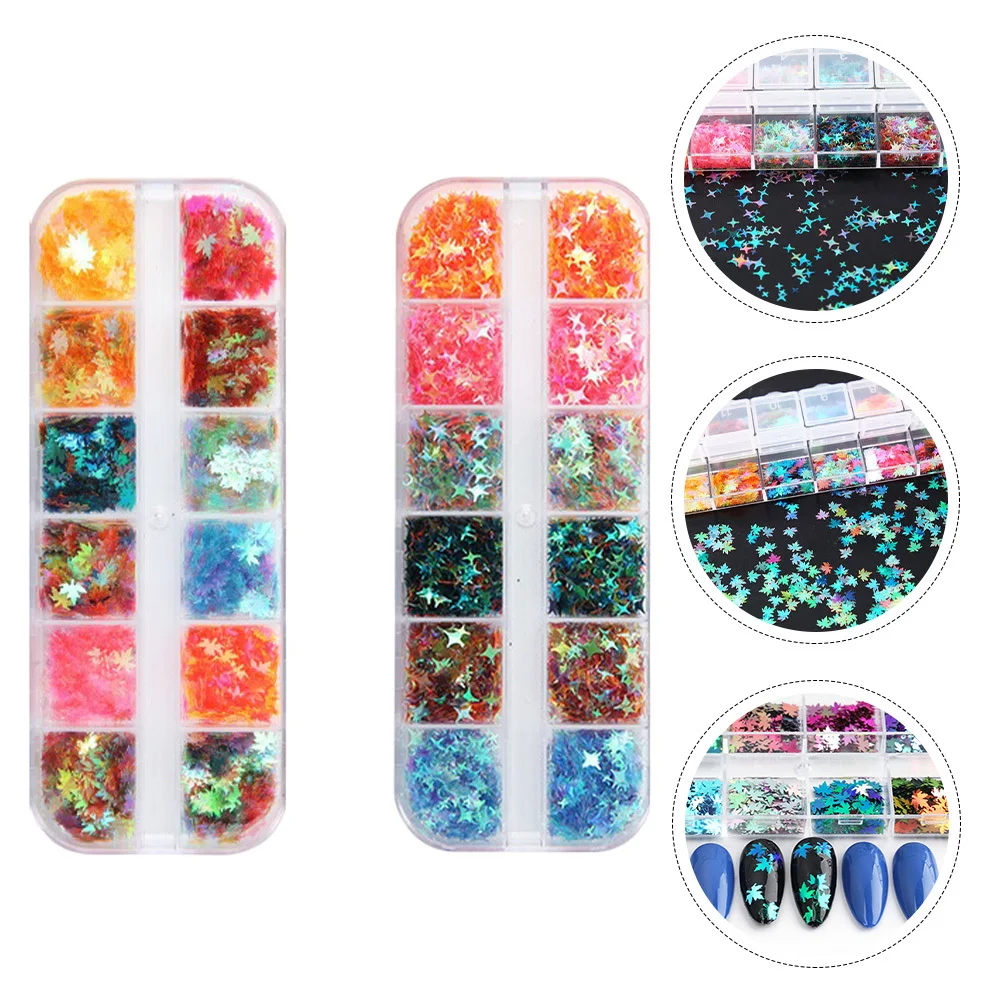 2 boîtes de manucure à paillettes pour ongles, feuille d'érable colorée, fournitures d'art pour ongles d'automne, flocons d'or pour ongles