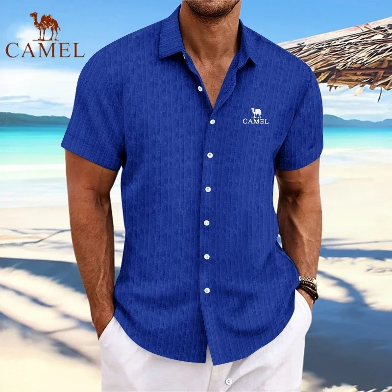 

Summer New Men's Striped Shirt with Embroidered CAMEL, Fashionable and Casual, Comfortable and Breathable, Short Sleeved Top